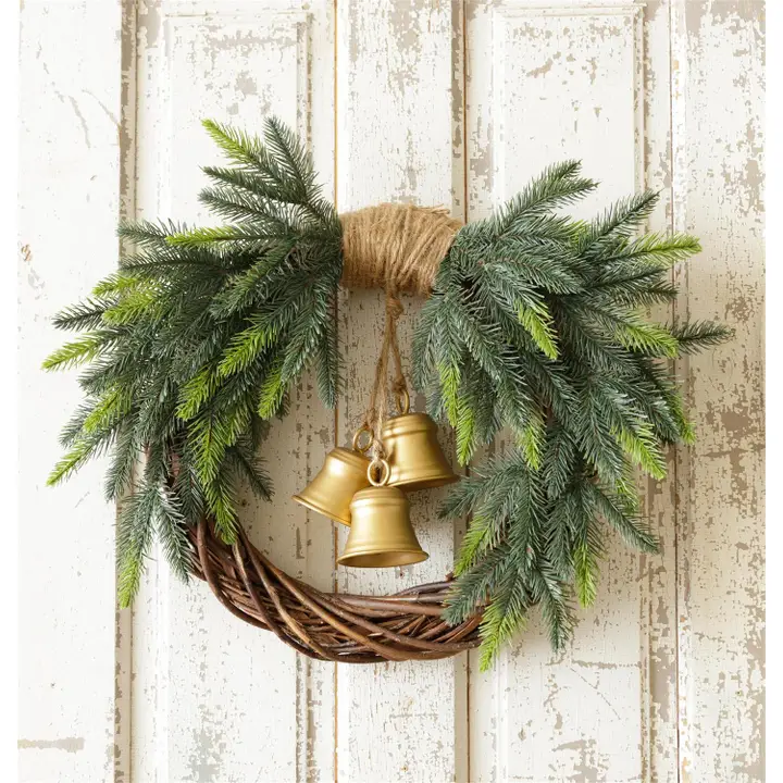Crafted Evergreen and Twig Christmas Wreath with Brass Bells Trendy