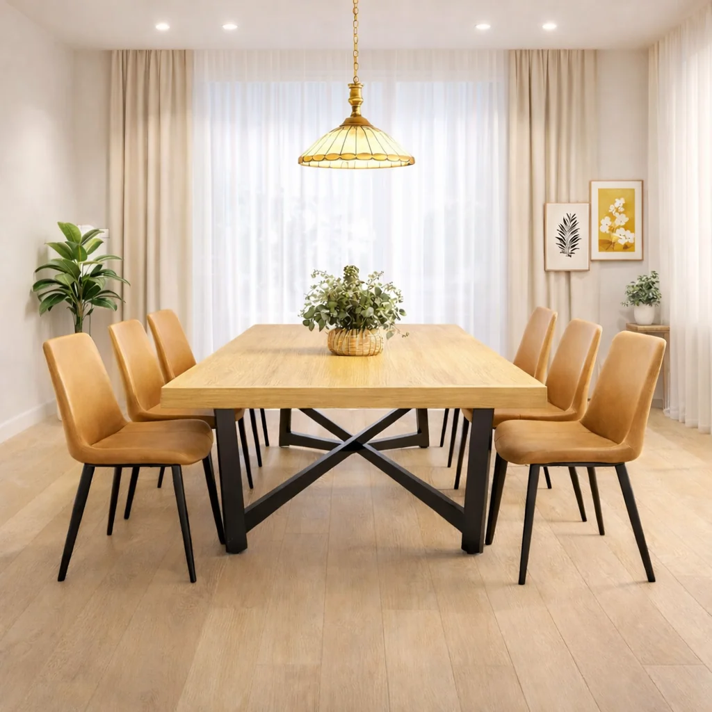 Outstanding 71 Inch Farmhouse Dining Table Set with 6 Brown Upholstered Chairs Modern