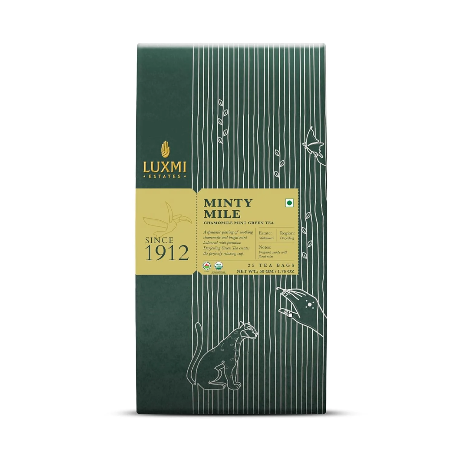 Premium Luxmi Estates Minty Mile Organic Chamomile Mint Green Tea 25 Tea Bags Low Caffeine Tea Bags For Relaxing Calming and Stress Relief Elite