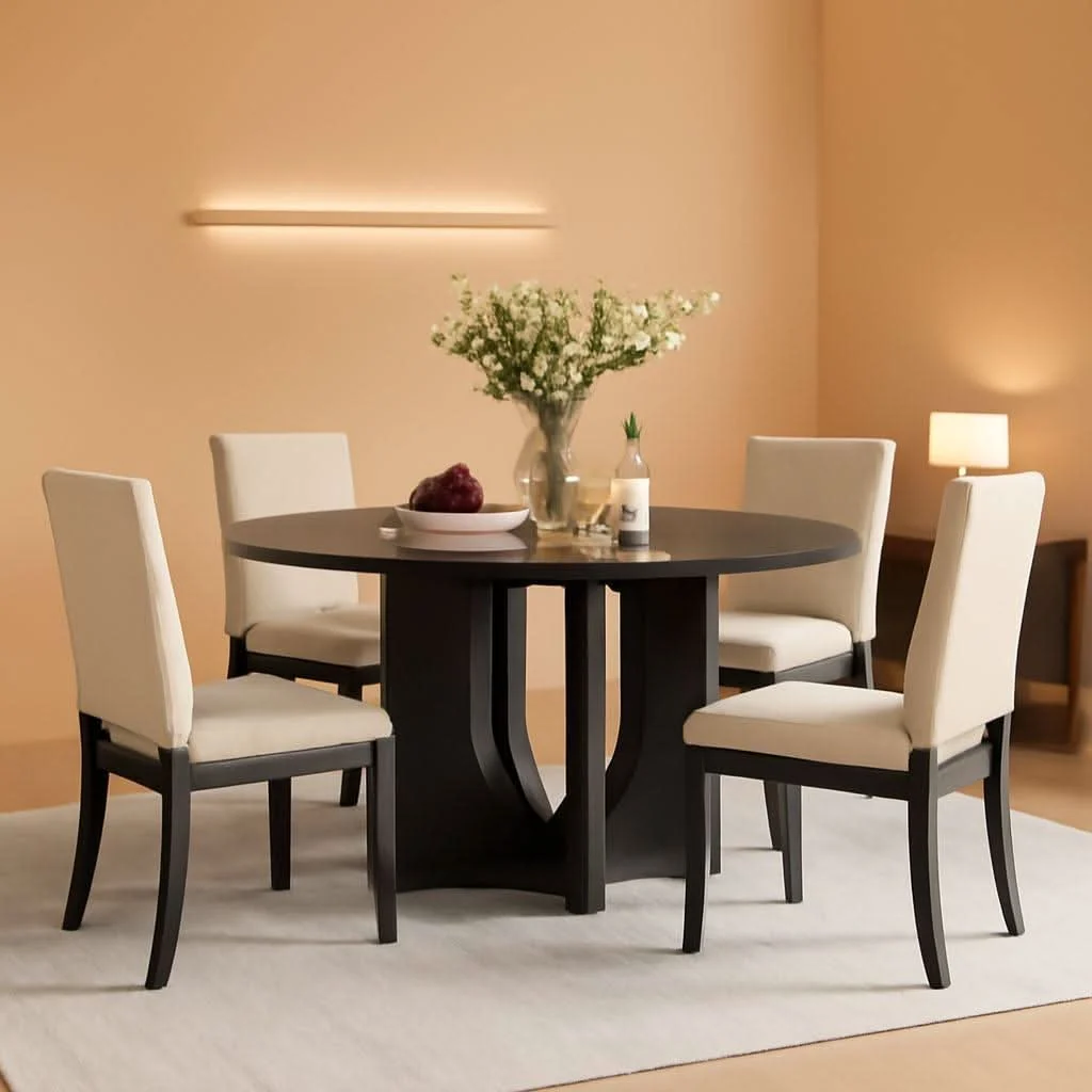 Convenient Round Dining Set With 47 Inch Table And Beige Upholstered Chairs Responsible