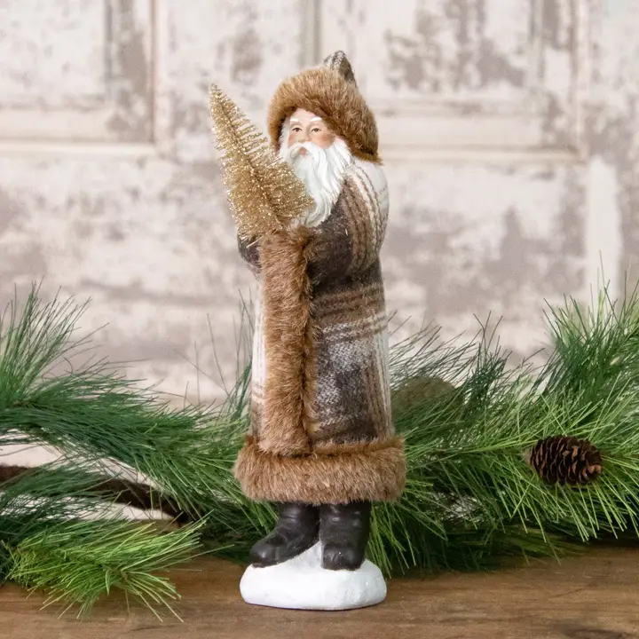 Fine Plaid Woodland Santa Holding Bottlebrush Tree Long-Lasting