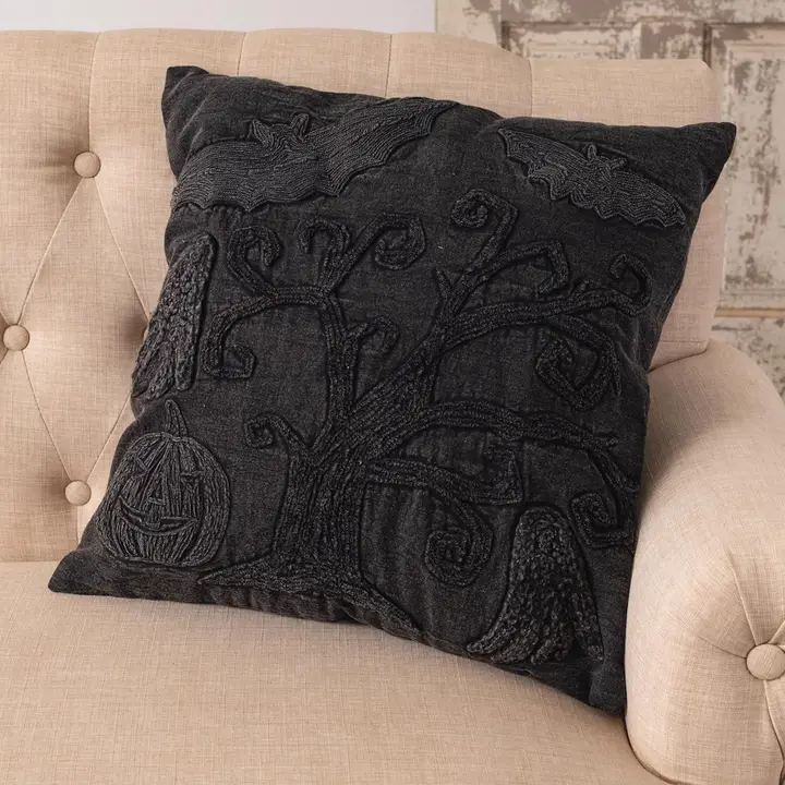 Authentic Black Stonewashed Embroidered Halloween Pillow Secure