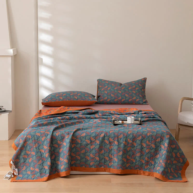 High-End Pastoral Ginkgo Leaf Pattern Cotton Reversible Quilt Original Design