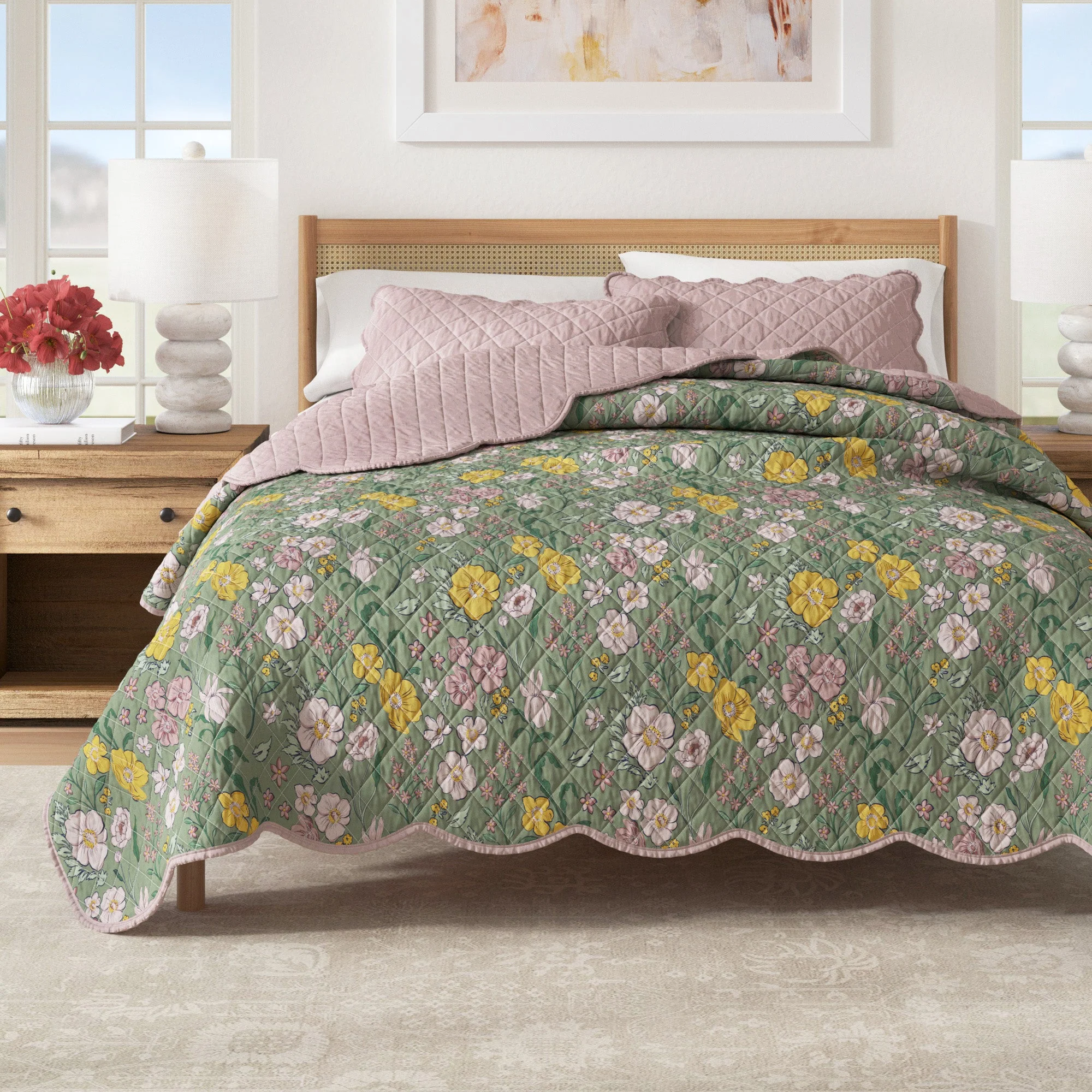 Official Floral Print Scalloped Cotton Quilt Set – Gwen Collection Green