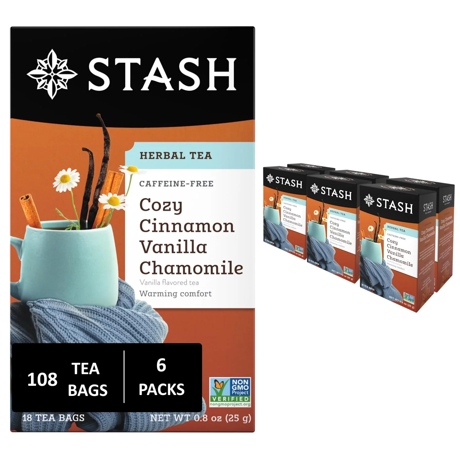 Breathable Stash Tea Cozy Cinnamon Vanilla Herbal Tea – Naturally Caffeine Non-GMO Project Premium Tea with No Artificial Ingredients 18 Count Pack of 6 – 108 Bags Total Reliable