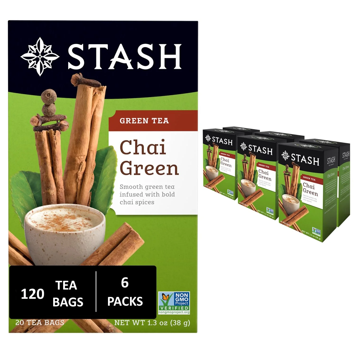 Proven Stash Tea Chai Green Tea – Caffeinated Non-GMO Project Premium Tea with No Artificial Ingredients 20 Count Pack of 6 – 120 Bags Total