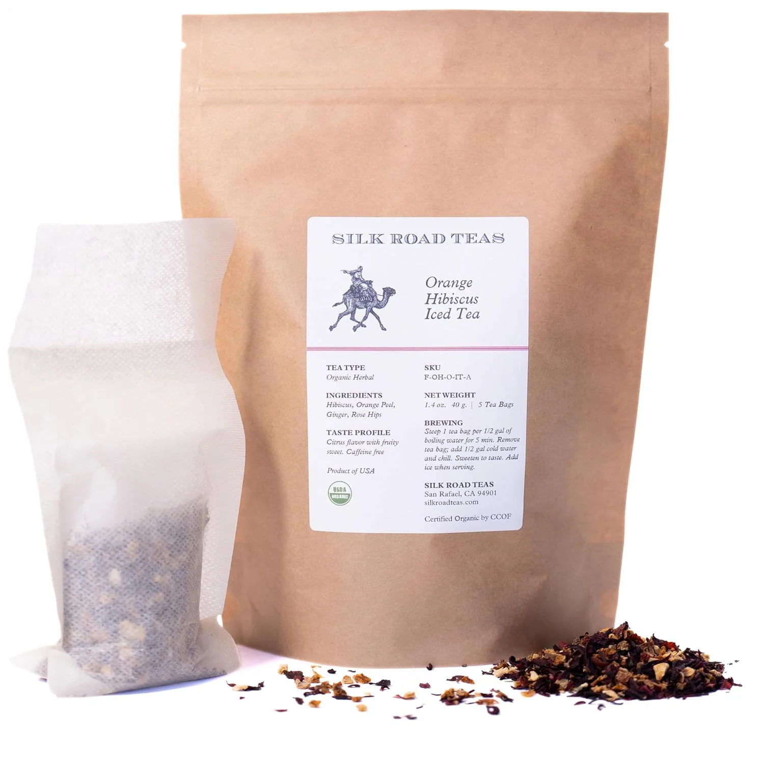 Original Silk Road Teas Organic Orange Hibsicus Herbal Iced Tea Tart Citrus Floral Blend Unsweetend Caffeine- 5 Gallon-Sized Tea Bags. Practical