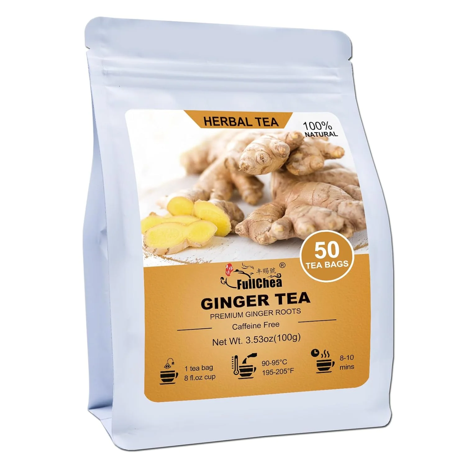 Trendy FullChea Ginger Tea Bags 50 Counts Te De Jengibre Non-GMO Pure Ginger Root Warm amp Spicy Support Digestion amp Boost Immunity No Additives Resealable Pouch Recyclable