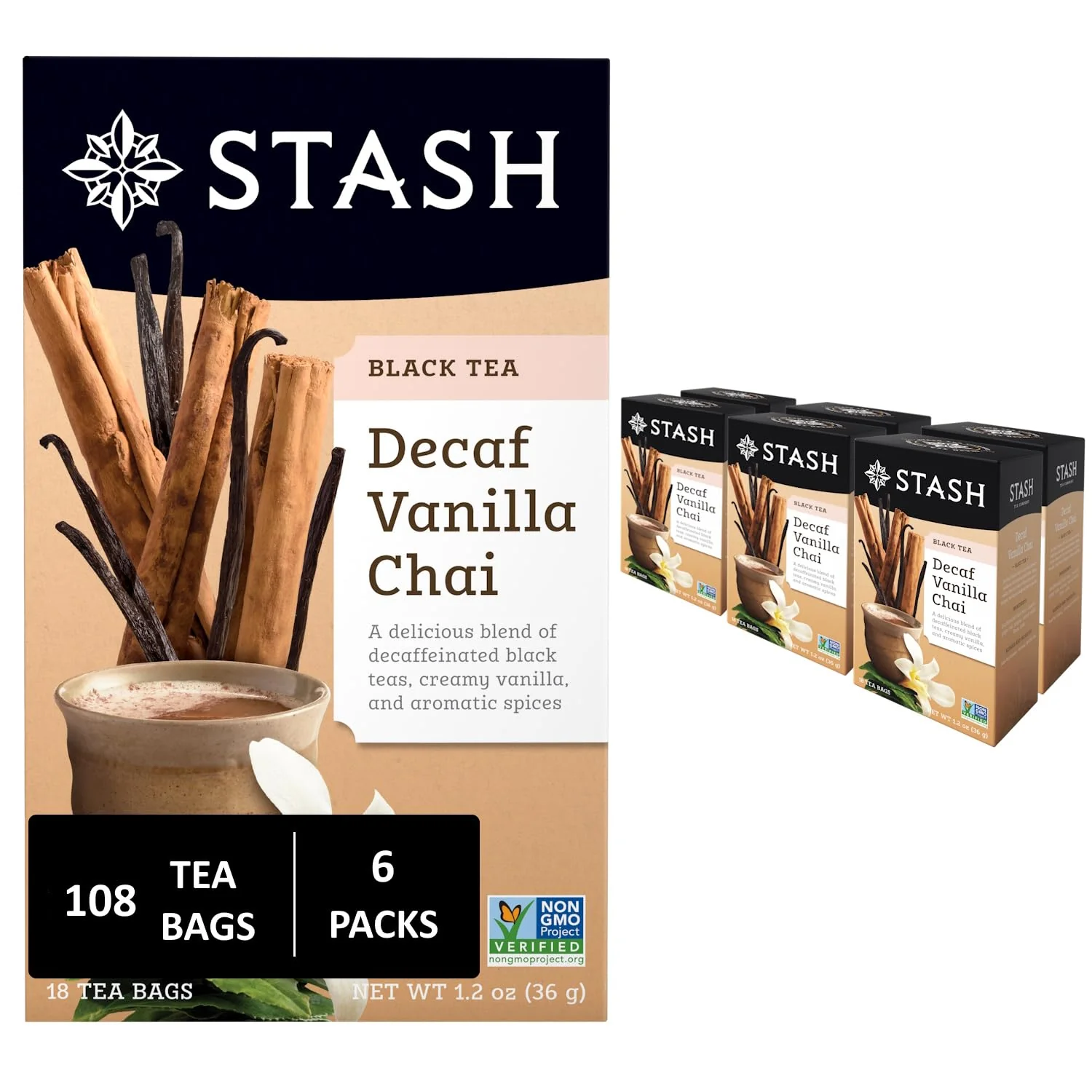 Pure Stash Tea Decaf Vanilla Chai Tea 6 Boxes With 18 Tea Bags Each 108 Tea Bags Total Sophisticated
