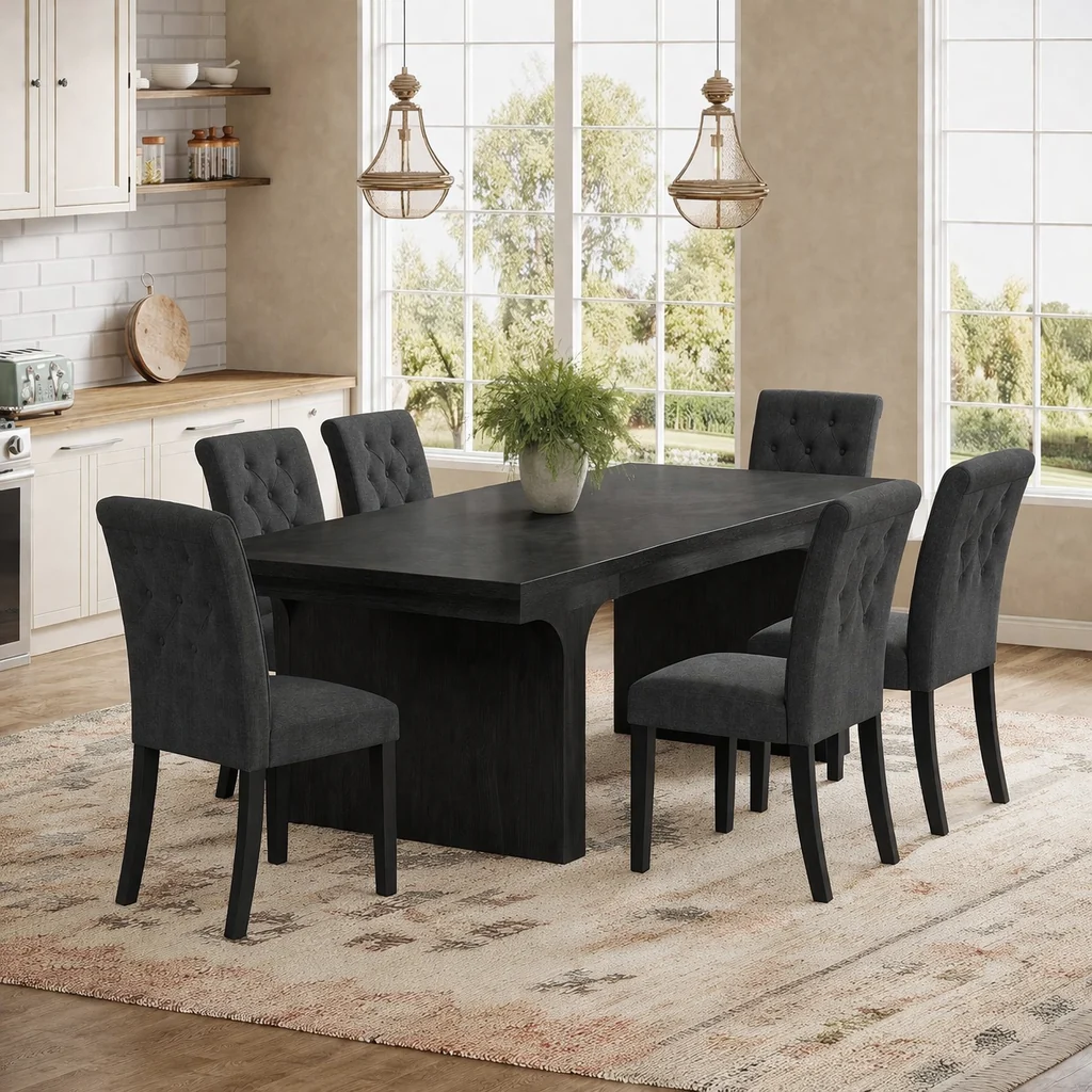 First-Class 71 Inch Black Farmhouse Dining Table Set with 6 Tufted Upholstered Cha Organic