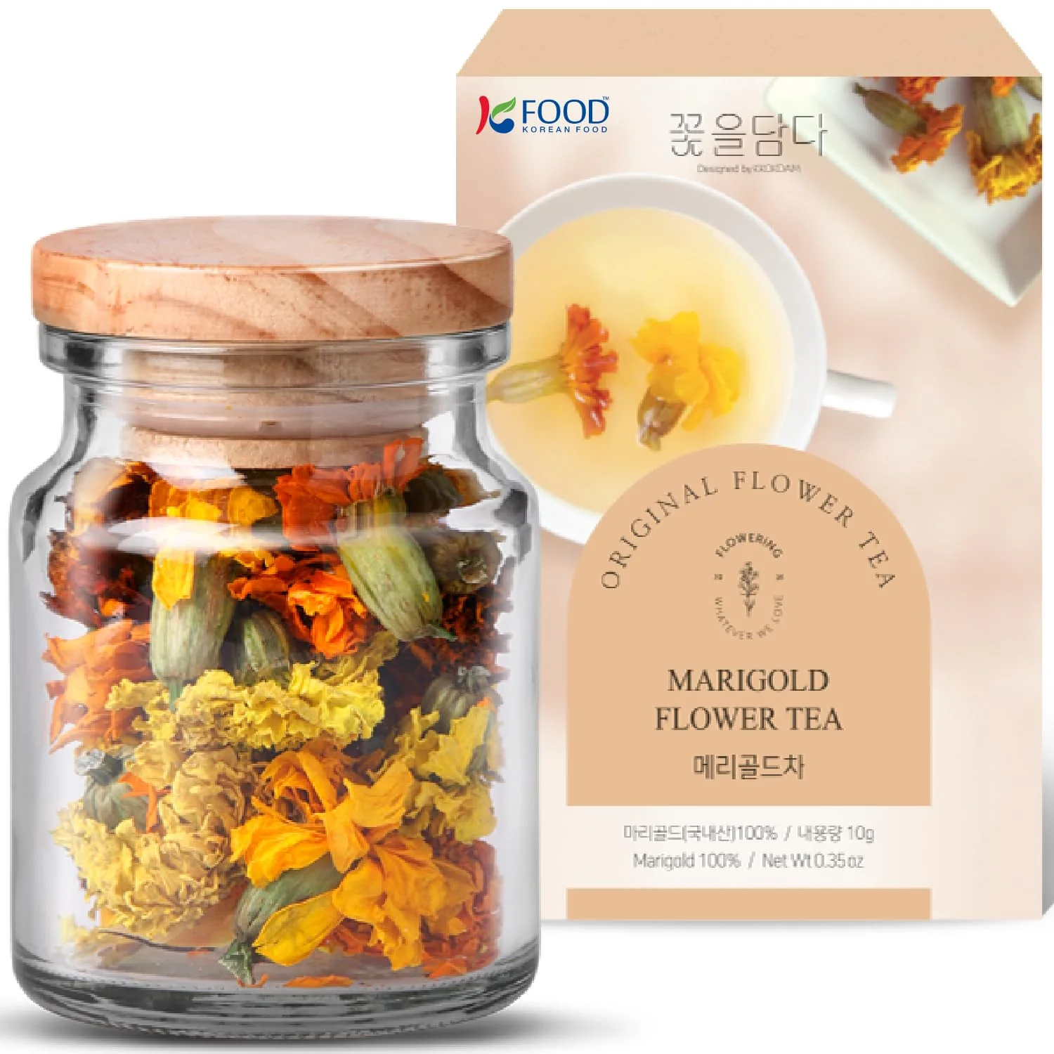 Clean Korean Food KKOKDAM Marigold Flower Tea Decaf Floral Blend Sugar 10g Natural marigold flower tea with no caffeine sugar zero calories and made with whole flowers in Korea. Relaxed