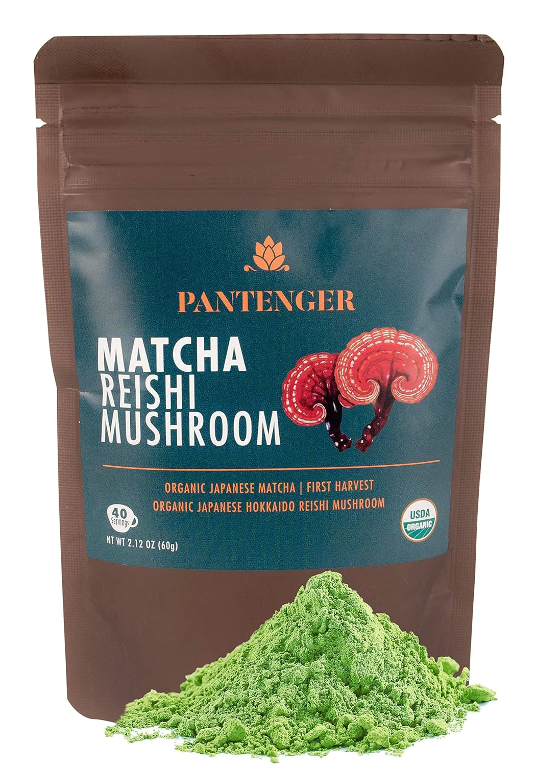 User-Friendly Pantenger Matcha Green Tea Powder and Reishi Mushroom. 2.12 OZ 60 grams . USDA Organic. Japanese Reishi Mushroom with Japanese Matcha Tea. Casual