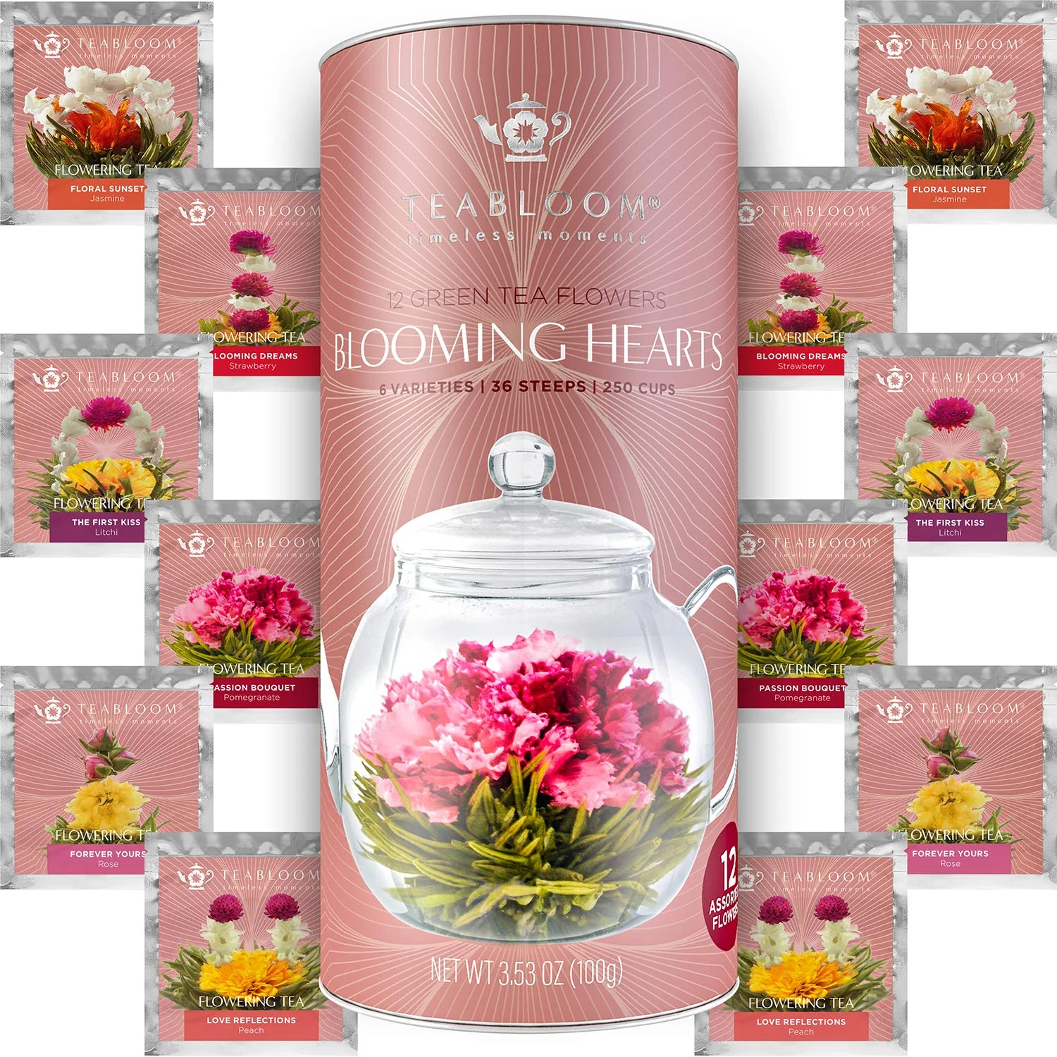 Refined Teabloom Heart-Shaped Flowering Teas – 12 Assorted Blooming Tea Flowers – Green Tea Jasmine Pomegranate Strawberry Rose Litchi Peach Healthy