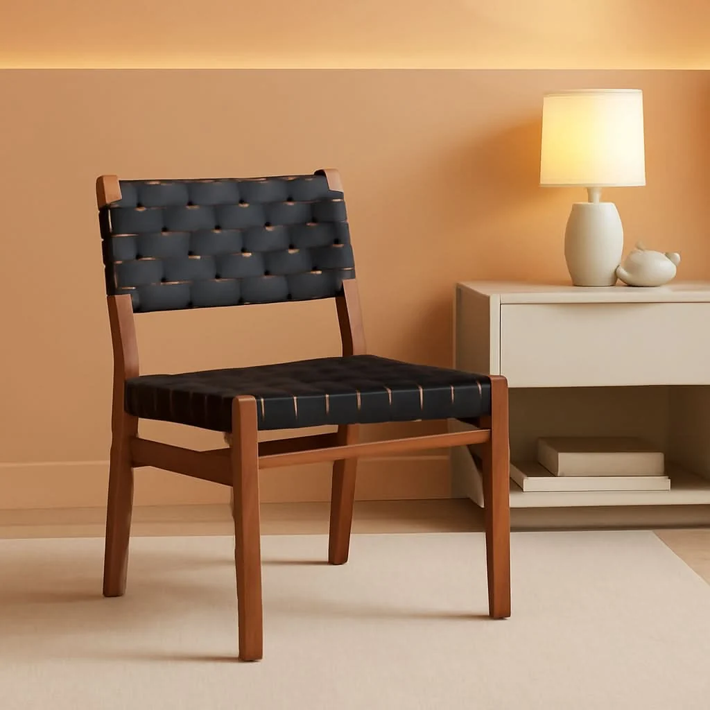 Traditional Set Of 2 Armless Dining Chairs With Rope Weave PU Leather Walnut Black Contemporary