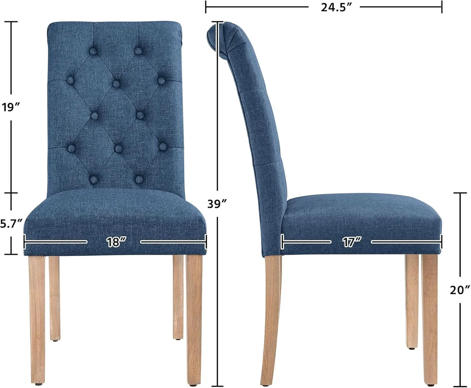 Premium Blue Button Tufted Dining Chairs Set Of 2 With Solid Wood Legs World-Class