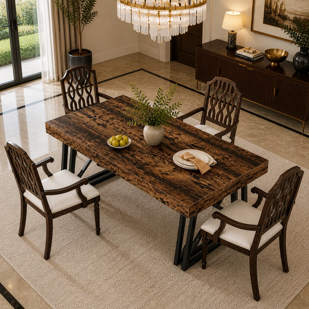 Authentic 63 Inch Farmhouse Dining Table Set with 4 Upholstered Armchairs Vinta Versatile