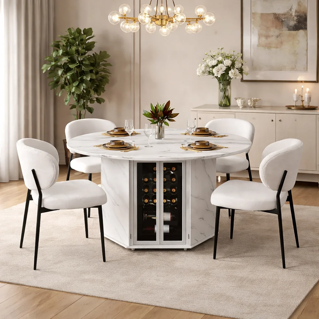 Unique 47 Round Faux Marble Dining Table Set with Storage 4 Upholstered Ch Luxury
