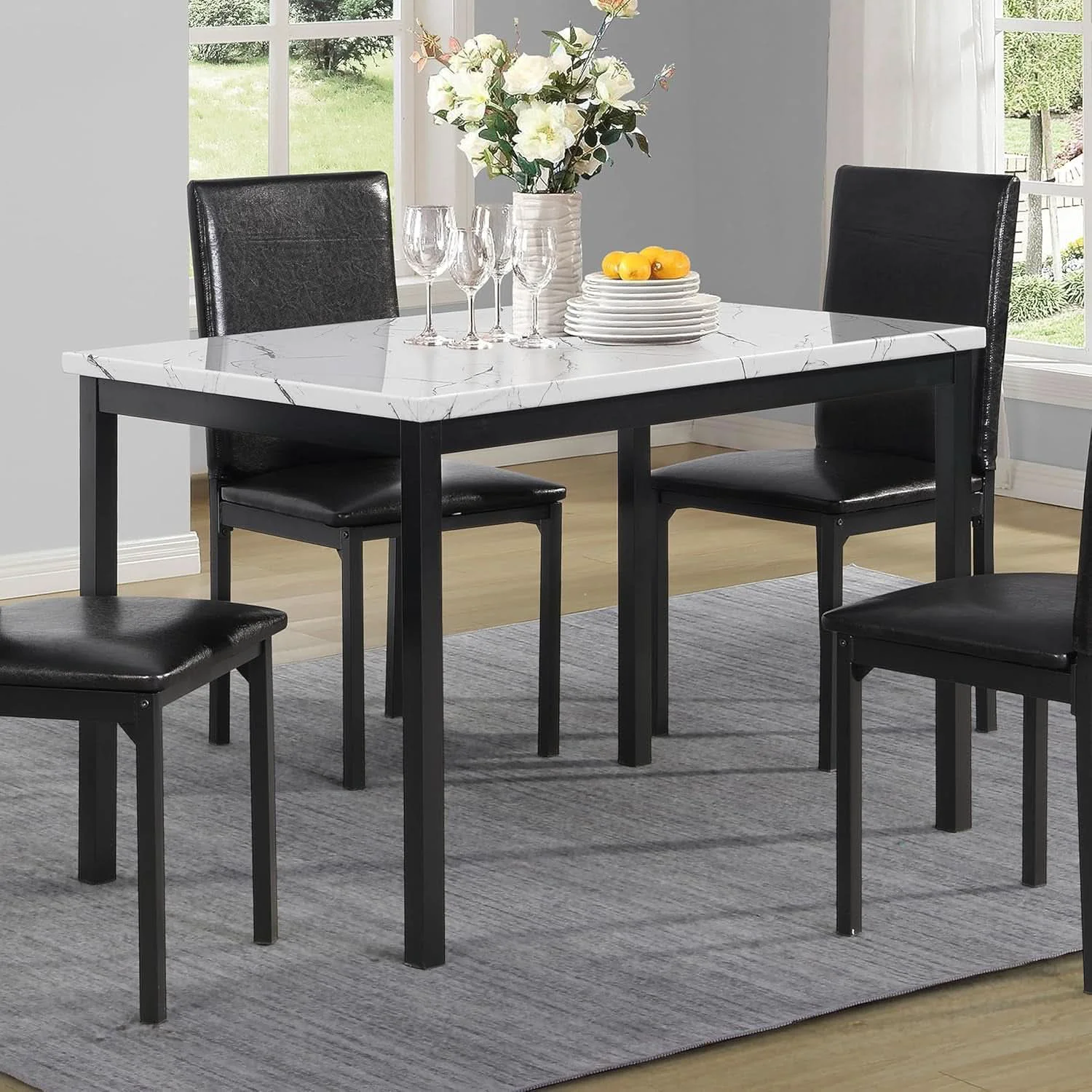 Contemporary Noyes Metal Dining Table With Laminated Faux Marble Top 45 Inch Off Wh Fine