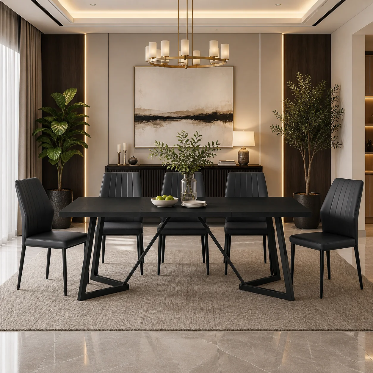Lightweight 70.86 Black Rectangular Dining Table Set for 6-8 with 6 Upholstered B Smart