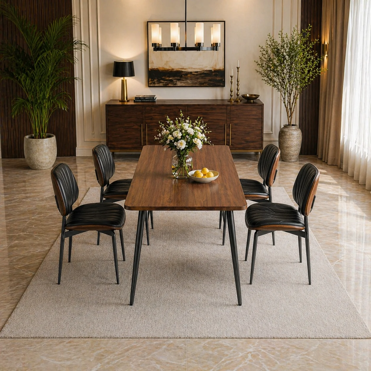 Classic 55.1 Modern Farmhouse Dining Table with 4 Upholstered Walnut Back Cha Innovative