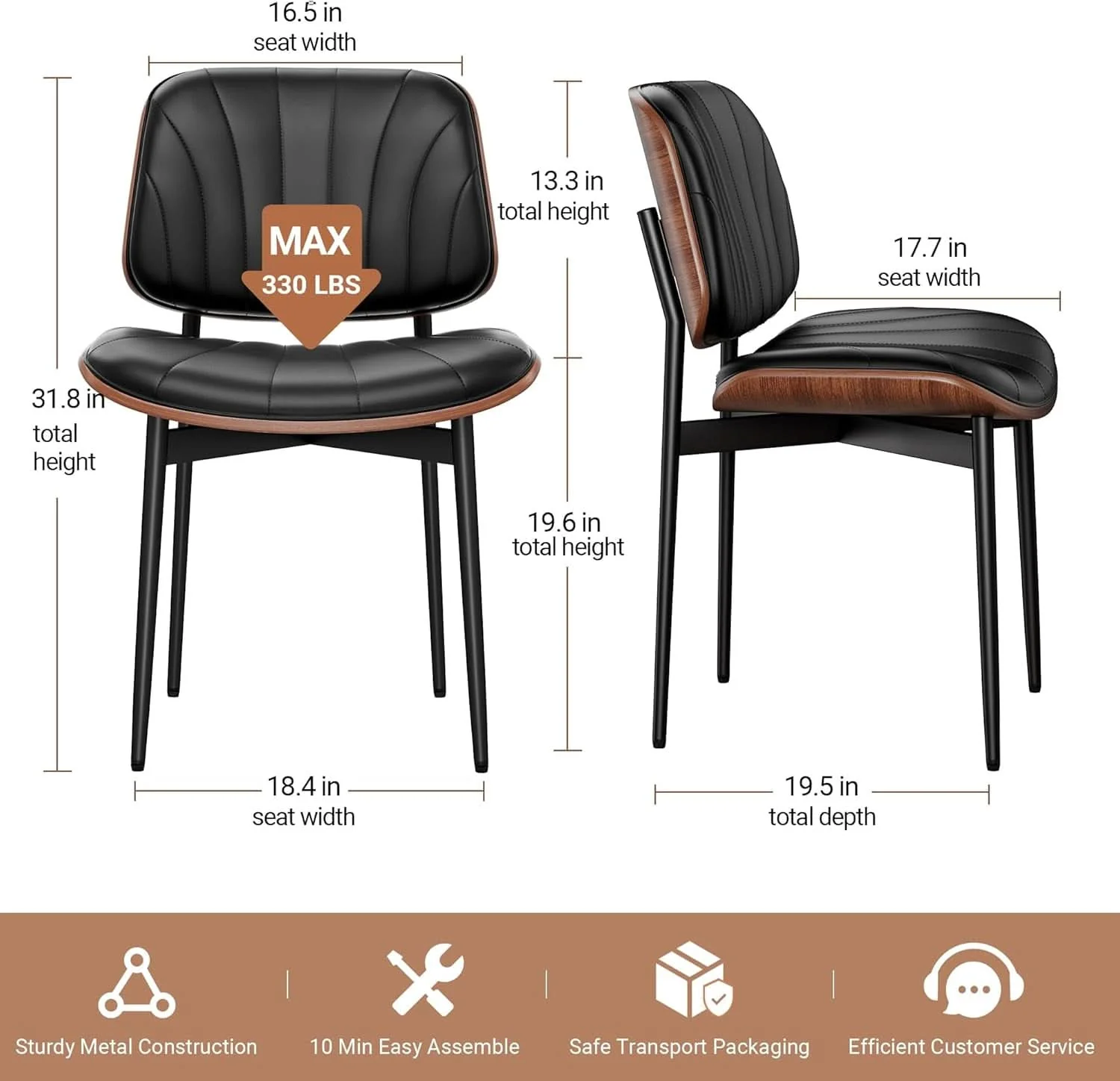 Versatile Set of 6 Black PU Leather Mid-Century Modern Dining Chairs with Walnut Enhanced