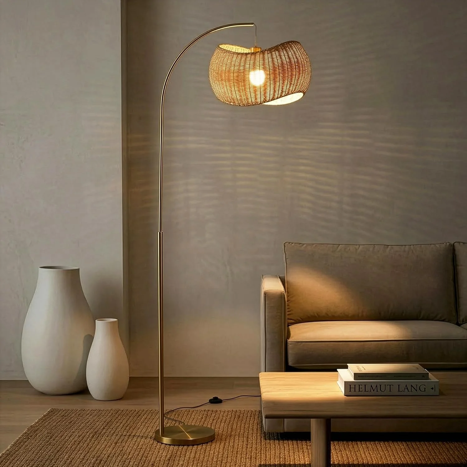 First-Class Brass Wave Arc Floor Lamp Handwoven Wicker Shade Aura Exclusive