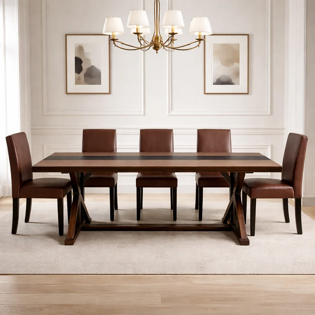Elite 71 Farmhouse Dining Table Set with 6 PU Leather Chairs Rectangular B Proven