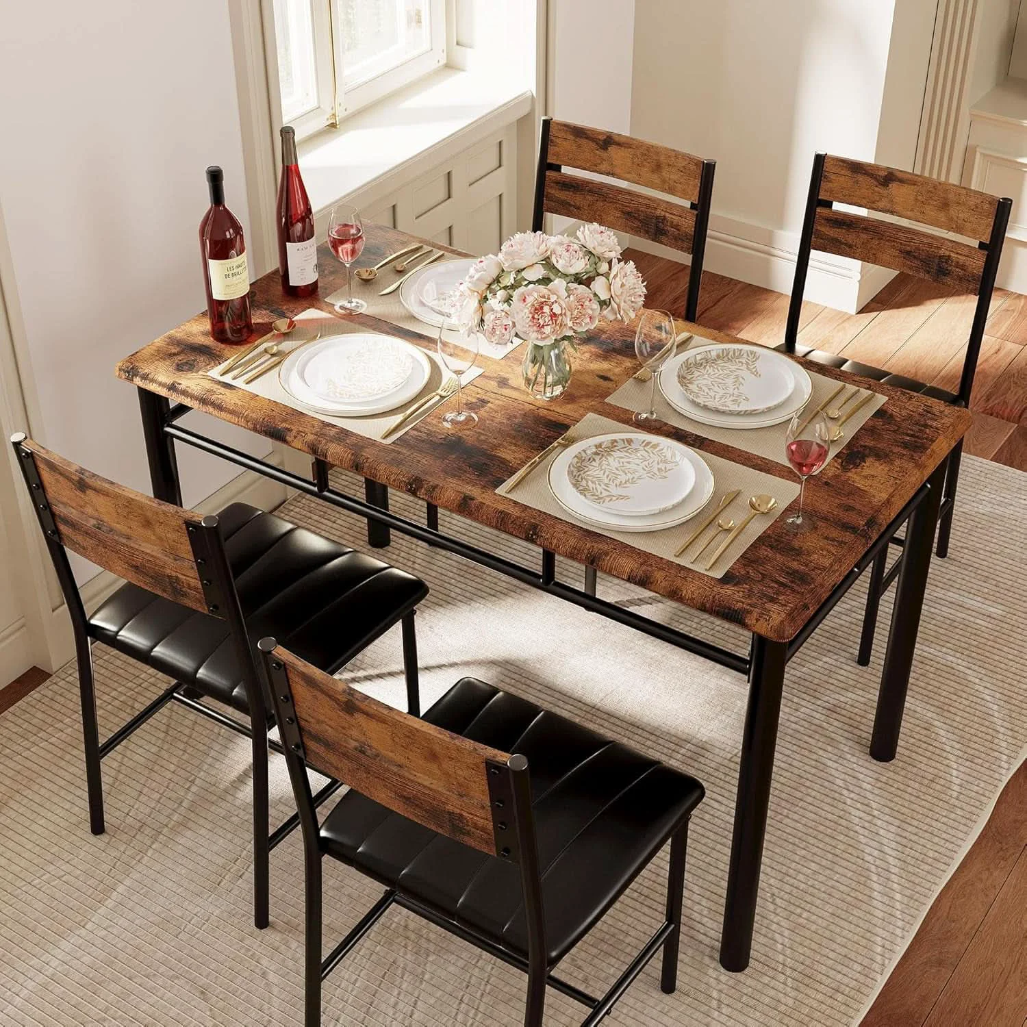 Crafted Dining Table Set For 4 Wood Kitchen Table With Upholstered Chairs Rust Smart
