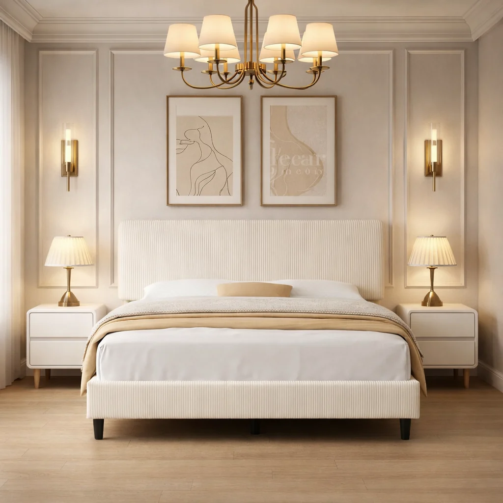 Smart Queen Chenille Upholstered Platform Bed with 2 Solid Wood Nightstands Selected