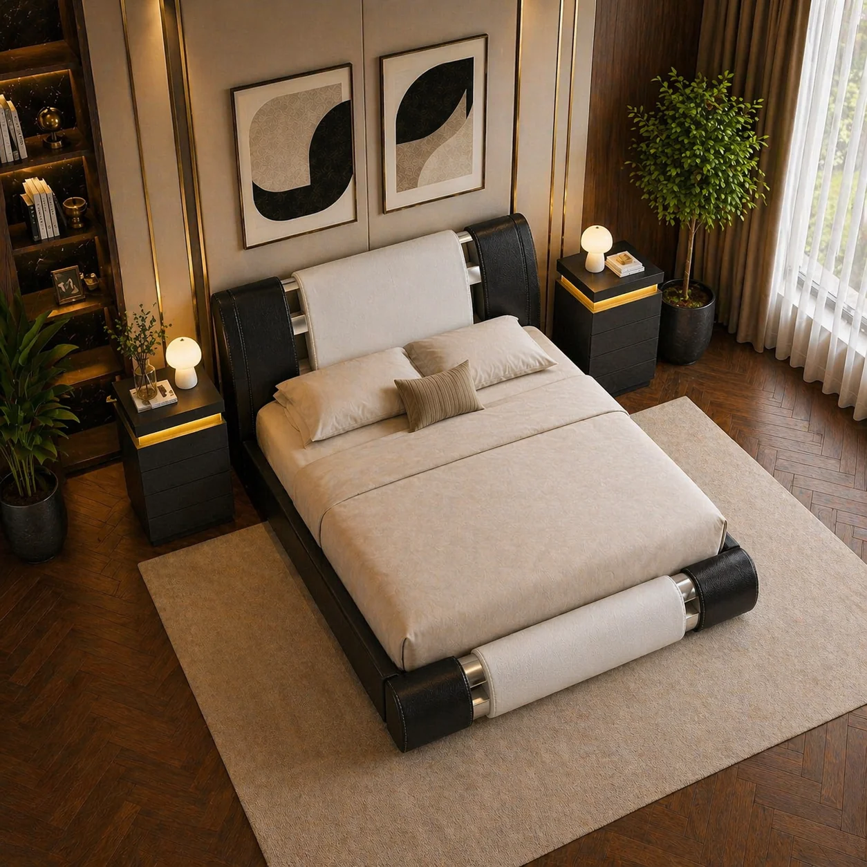 Top-Quality King Faux Leather Platform Bed with Adjustable Headboard 2 LED Night Efficient