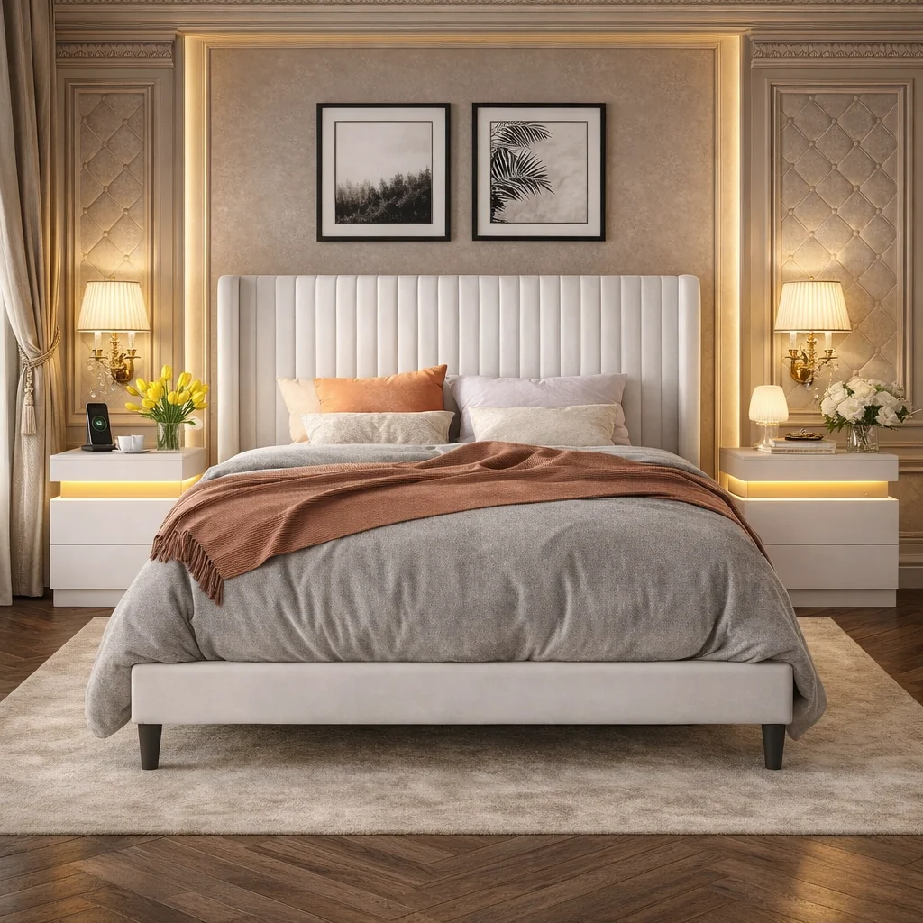 Premium Material Queen Velvet Wingback Bed with LED Charging Nightstands Set White Upho Environmentally Friendly