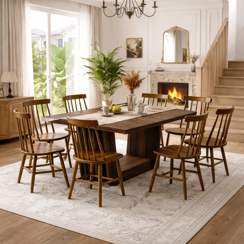 Certified 63 Inch Farmhouse Dining Table Set with 6 Windsor Chairs Walnut Brown Fine Crafted