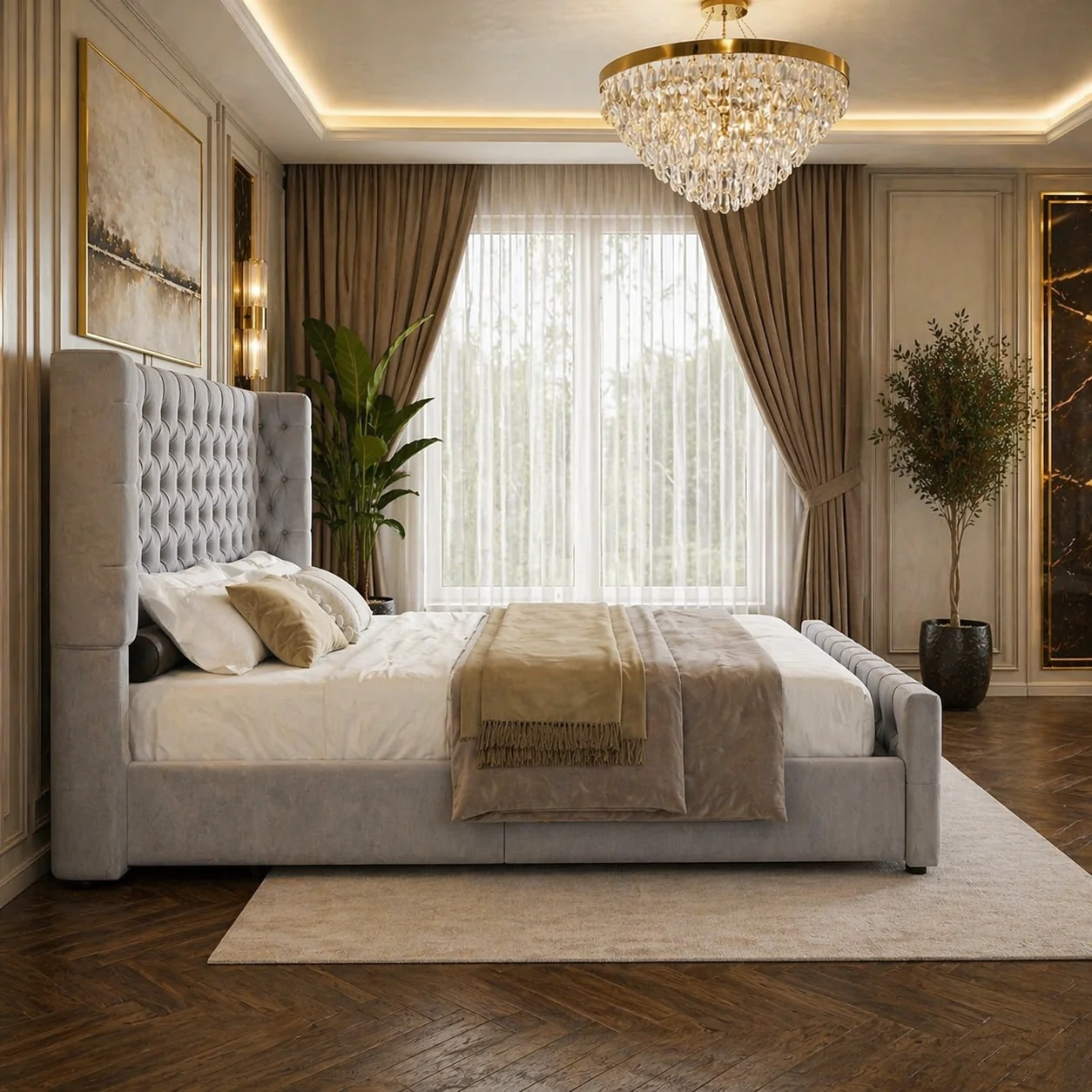 Expertly Made King Platform Bed with Curved Wingback Headboard 2 Velvet Nightstand Superior