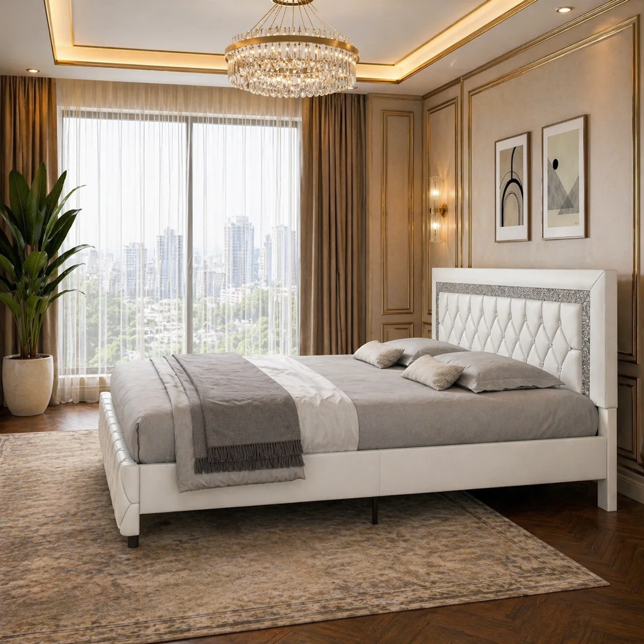 Recyclable King Faux Leather Platform Bed with Diamond Headboard 2 White 3-Draw Detailed