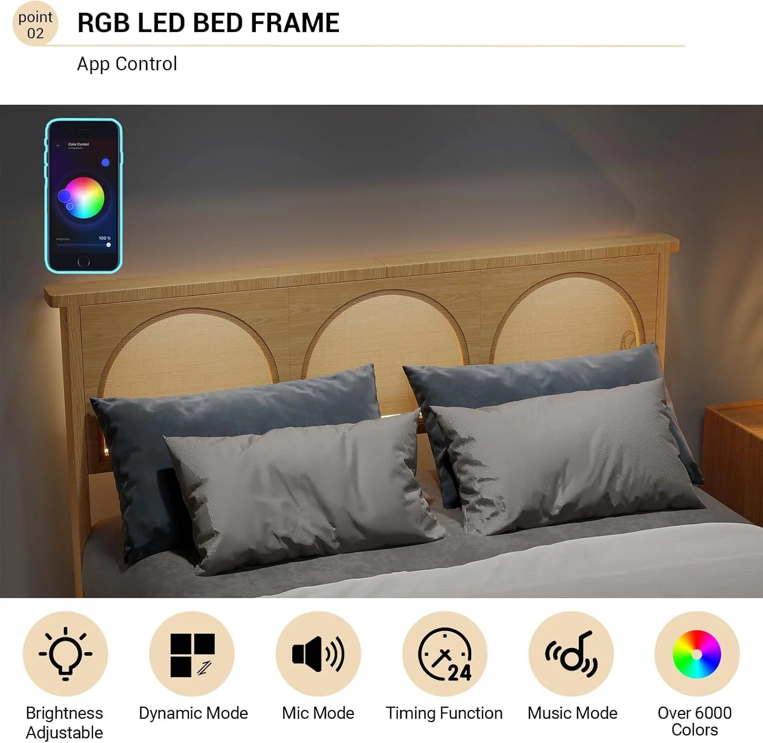 Prestigious Natural Rattan Platform Bed Queen Headboard LED Underbed Original Design