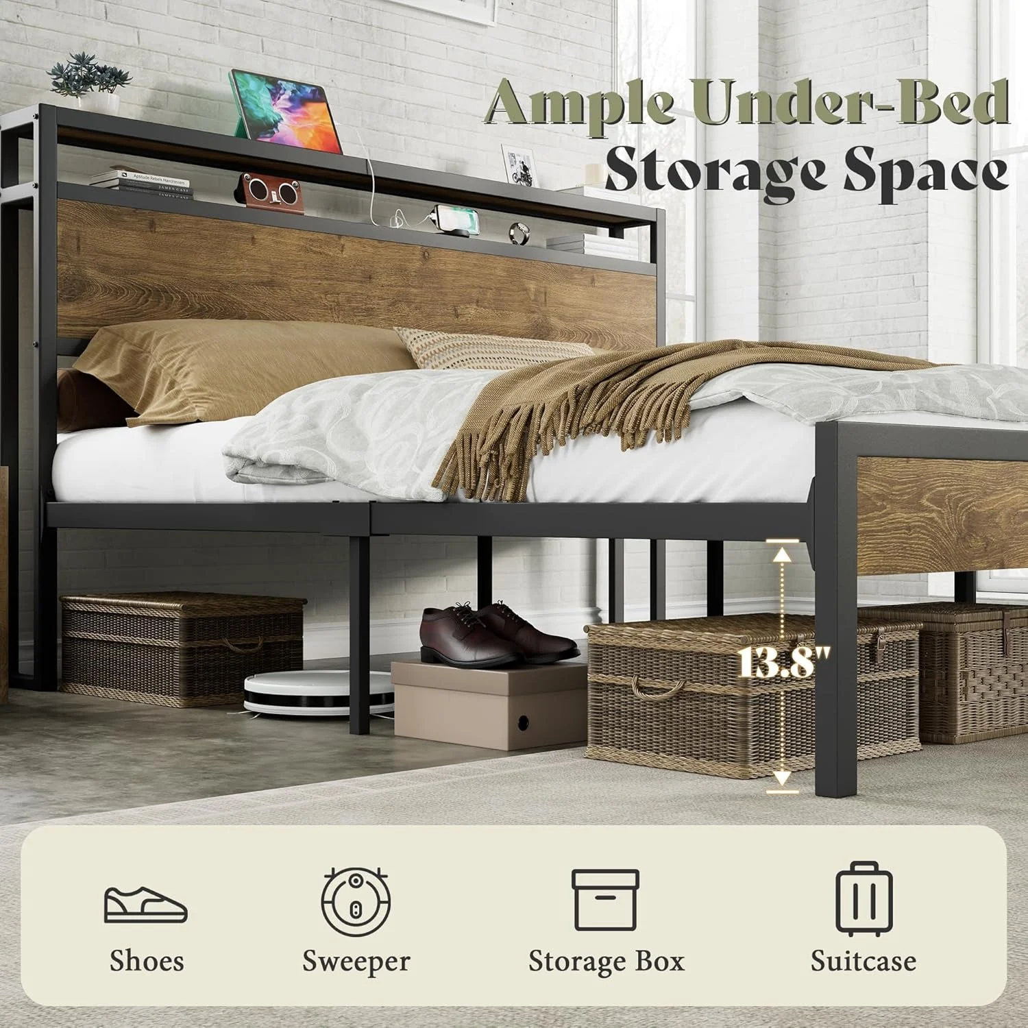 Fast Full Size Brown Industrial Bed Frame Under bed Storage Carefully Designed