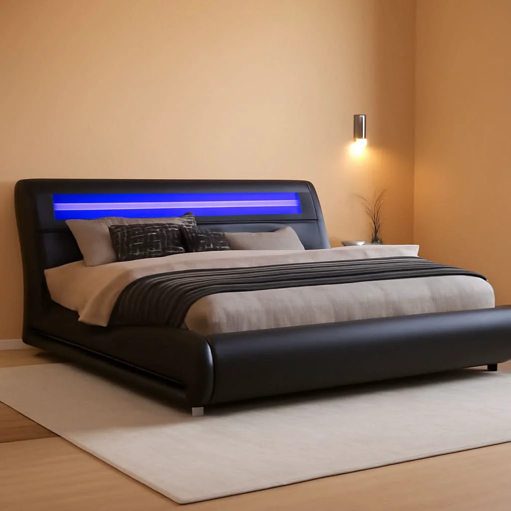 Trendy LED Platform Bed Frame Black Faux Leather Full Size Bed Prestigious