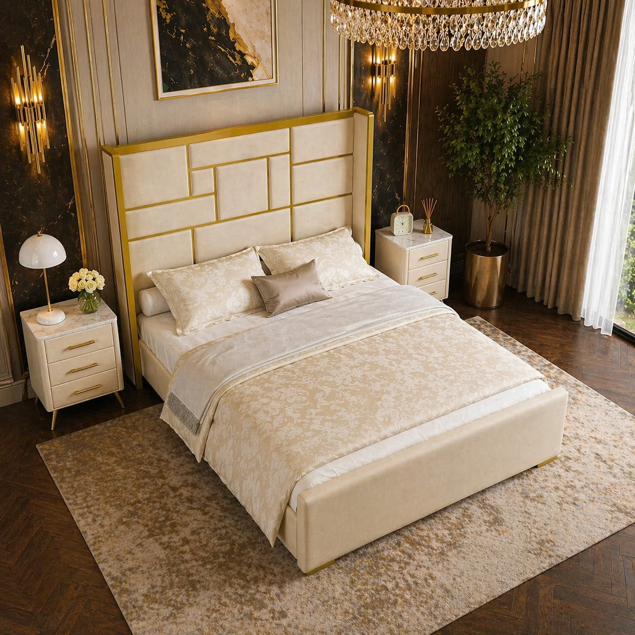 Responsible King Beige Velvet Platform Bed with 55.12 Wingback Headboard 2 Nigh Original Design