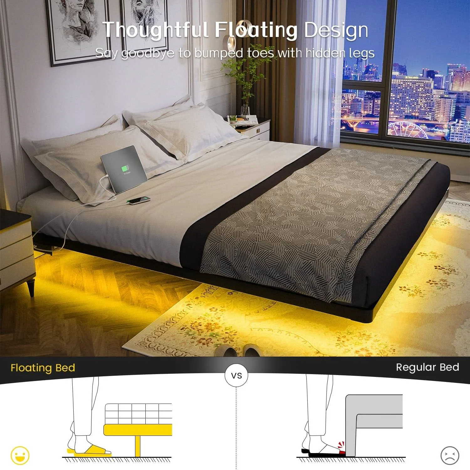 Trendy King Size Floating Bed Frame With Integrated LED Lighting Optimized