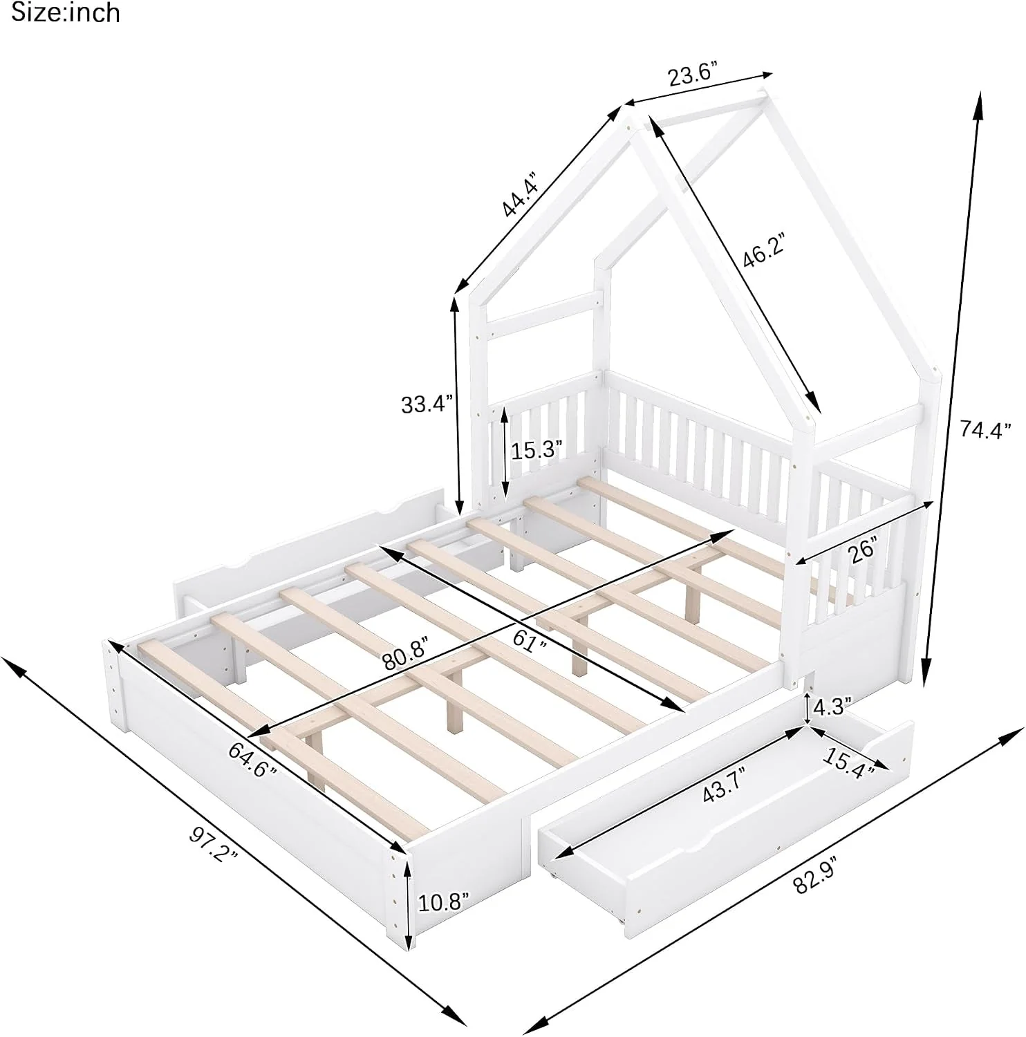 Excellent Queen Size Kids House Bed Frame With Under Bed Storage Drawers Casual