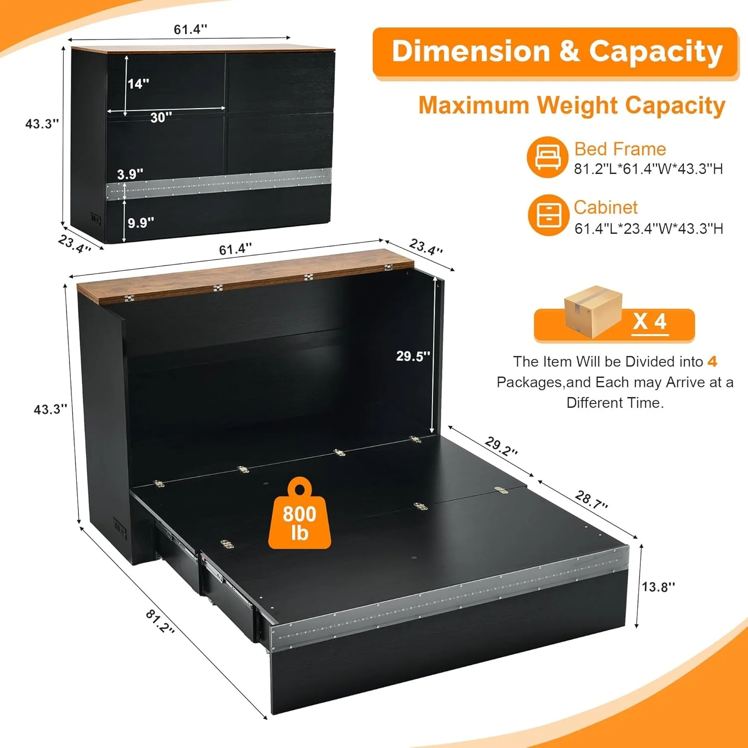 Consistent Queen Murphy Bed With Black Integrated Charging Stations Led Lighting Long-Lasting