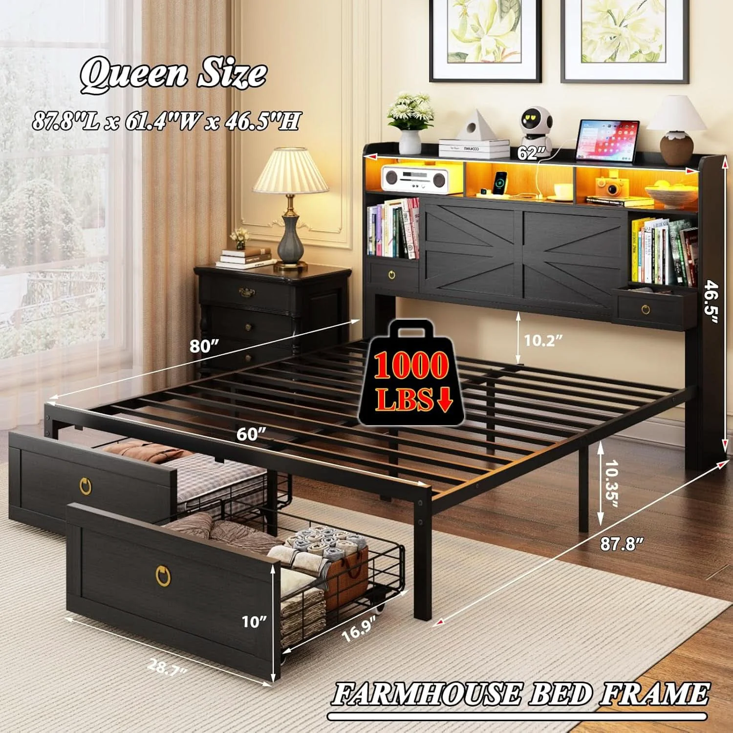 Lightweight Queen Bed Frame With Storage Head board With LED Black Clean
