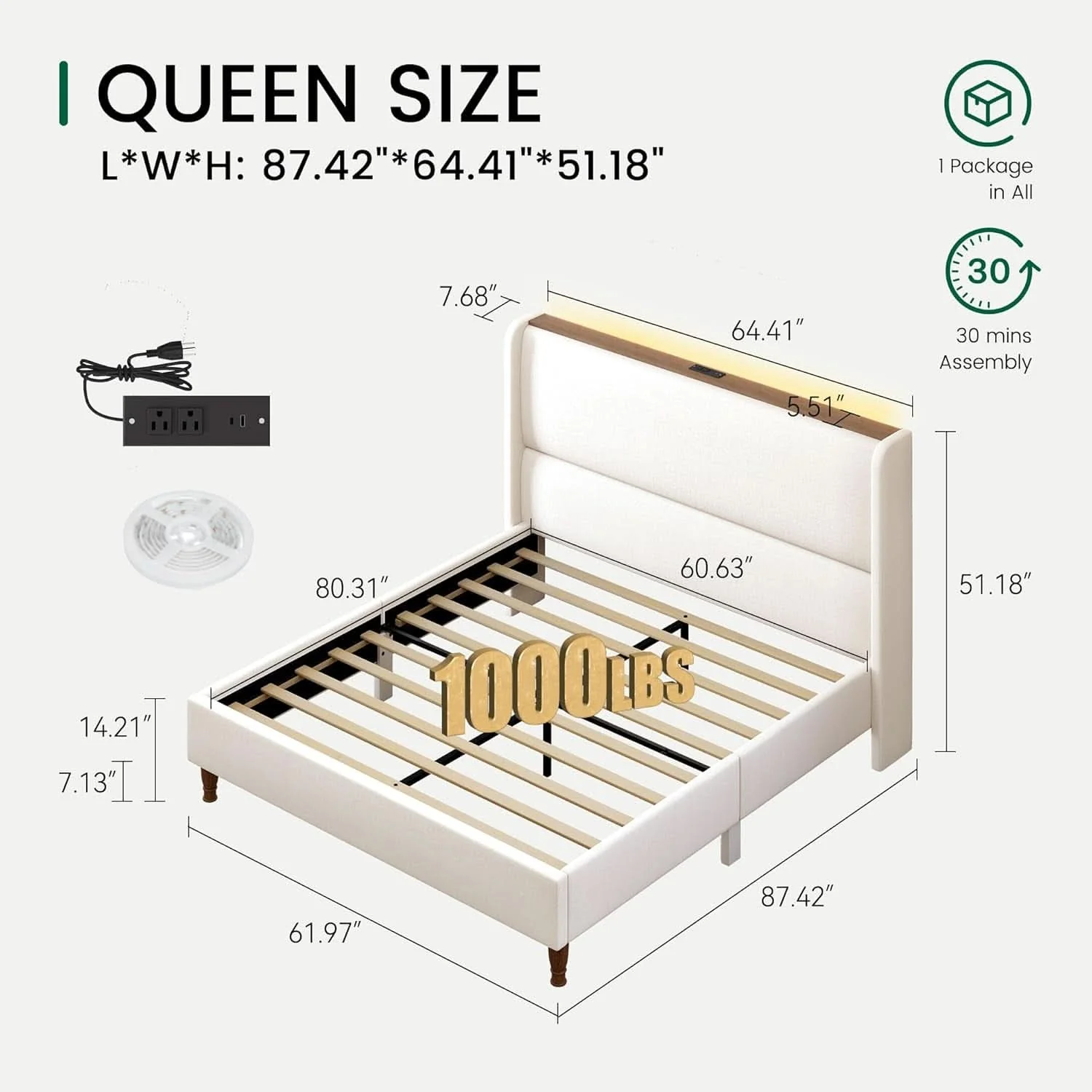 World-Class Queen Size Upholstered Bed Frame With LED Lights And USB Efficient