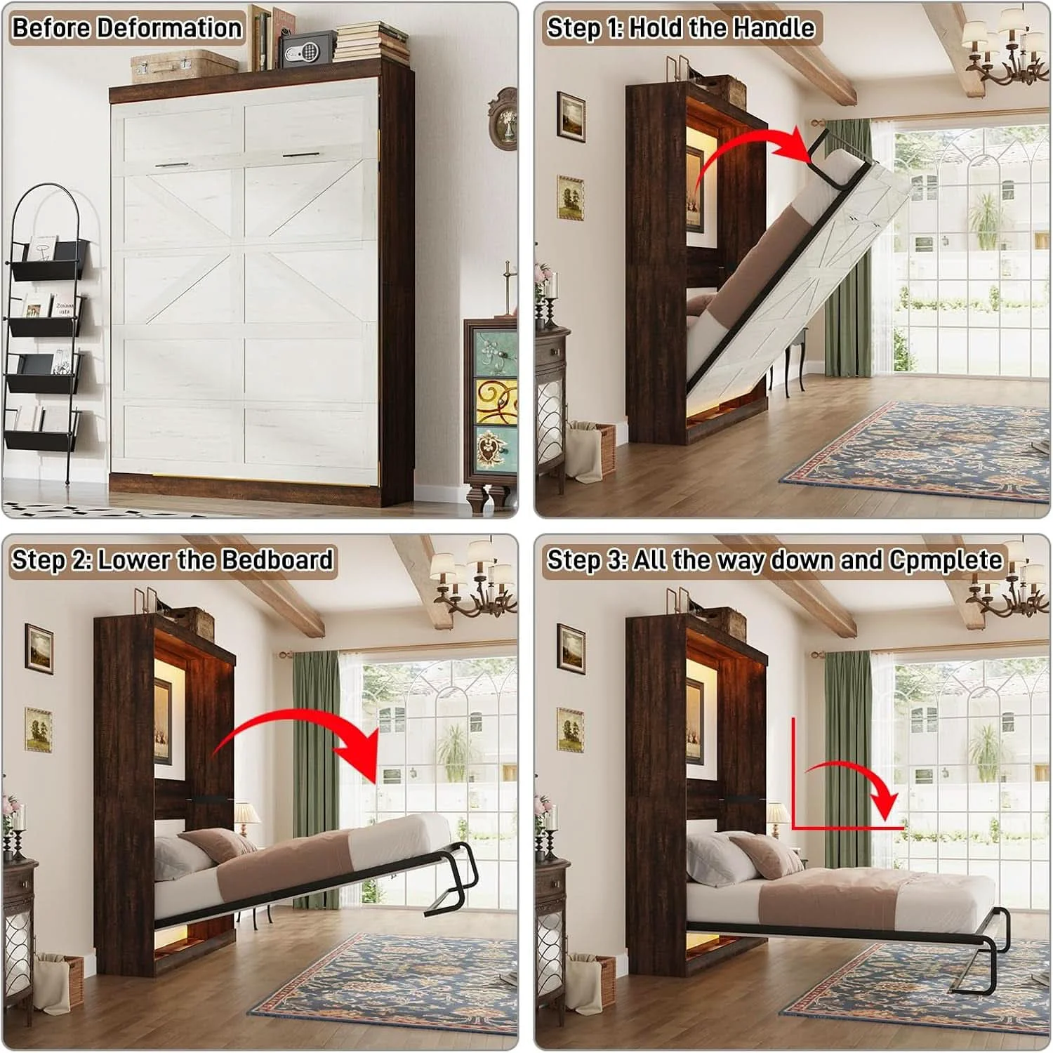 Stylish Queen Size Murphy Bed With LED Lights Rustic White Finish Luxury