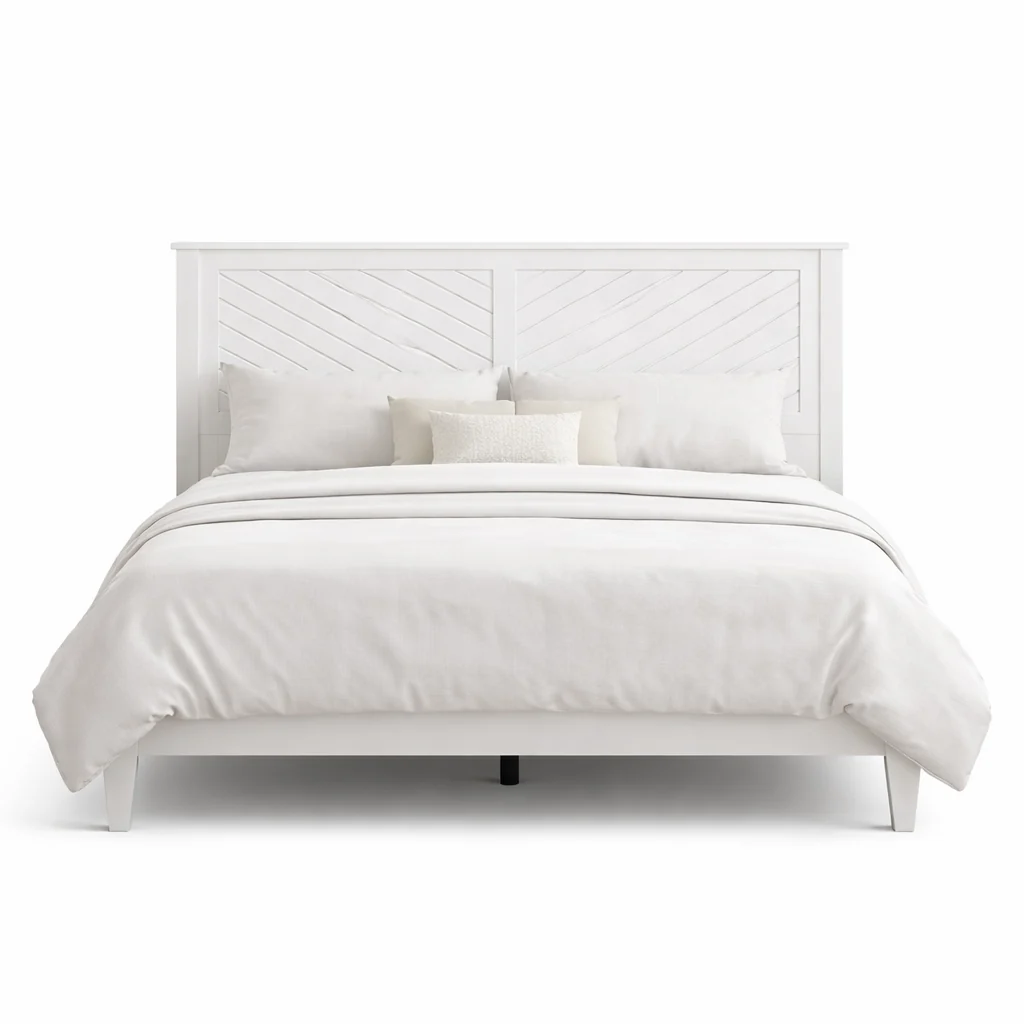 Modern Queen White Solid Wood Platform Bed with Chevron Headboard and 2 LED N Smooth