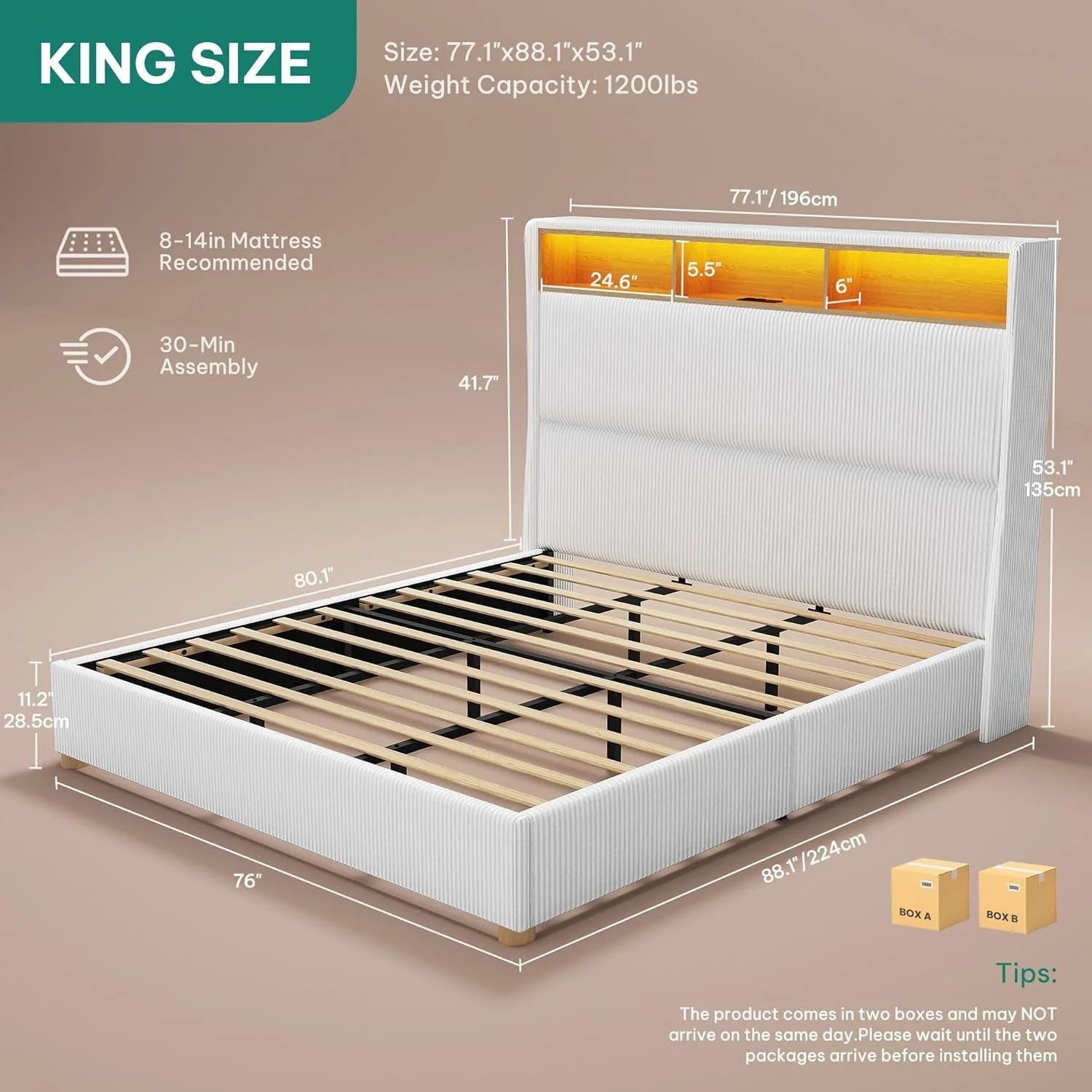 Certified King Corduroy Platform Bed With Charging Station And LED Lights Dependable