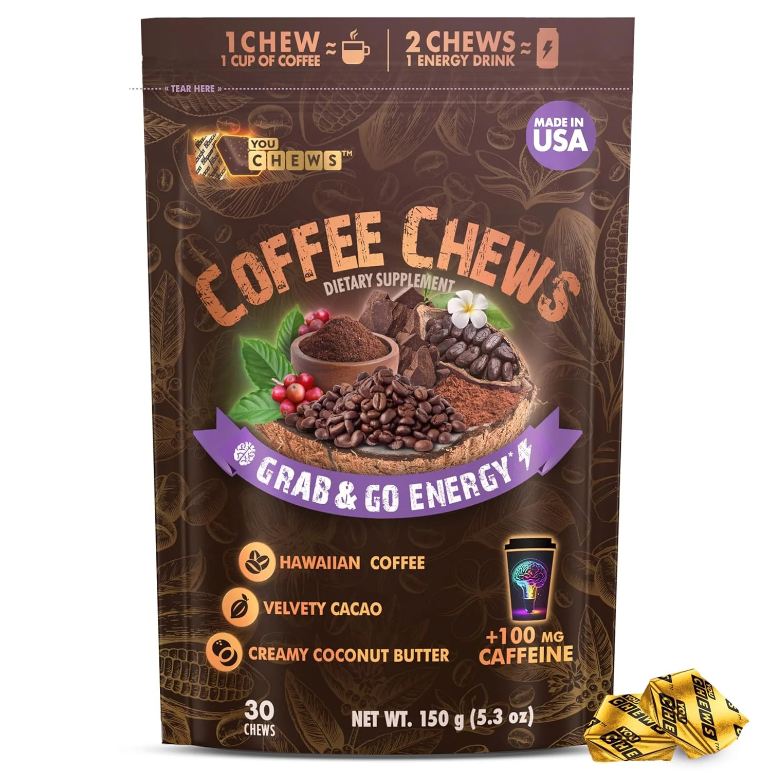 Professional YouChews Coffee Chews – Grab Go Energy with 100mg per Chew of Clean Green Caffeine. With Organic Ingredients Low Sugar Flexible