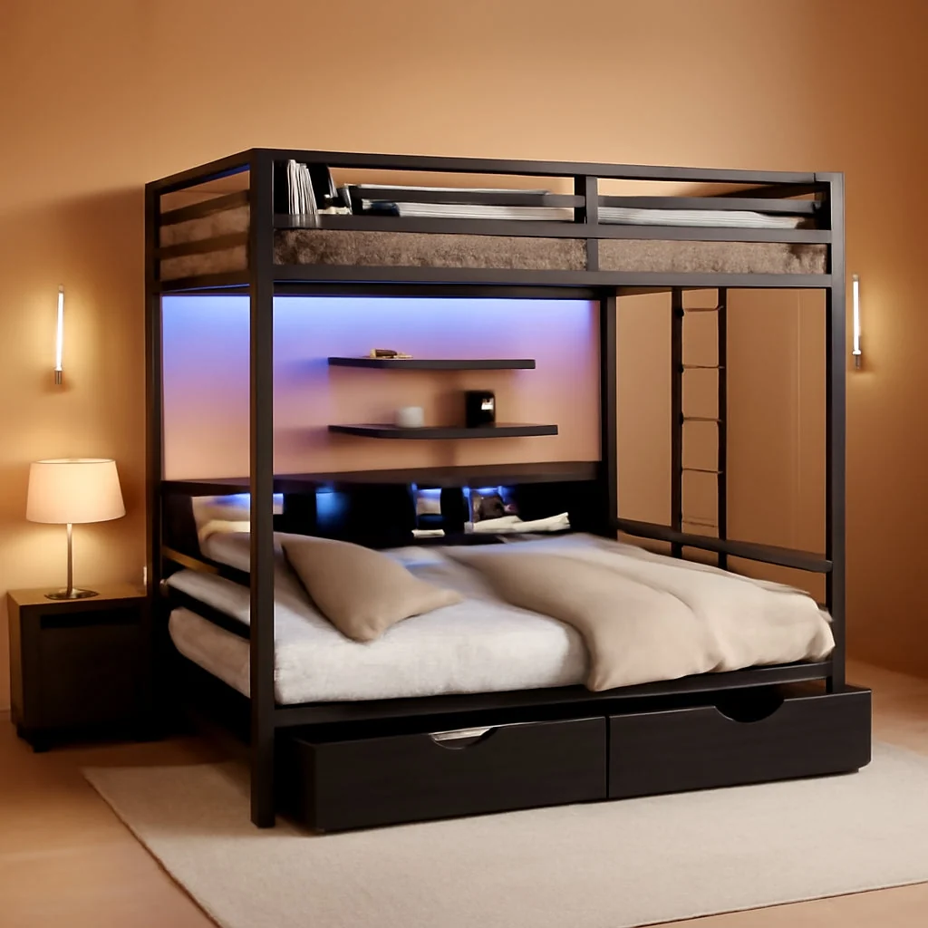 Proven Queen Over Queen Metal Bunk Bed USB Charging Ports And LED Minimalist