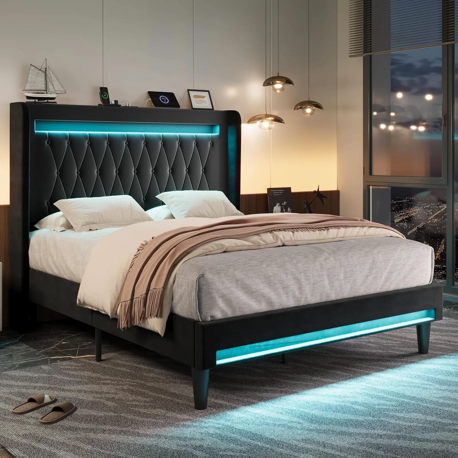 Reliable Full Size Bed Frame LED Lighting And USB Charging Black Modern