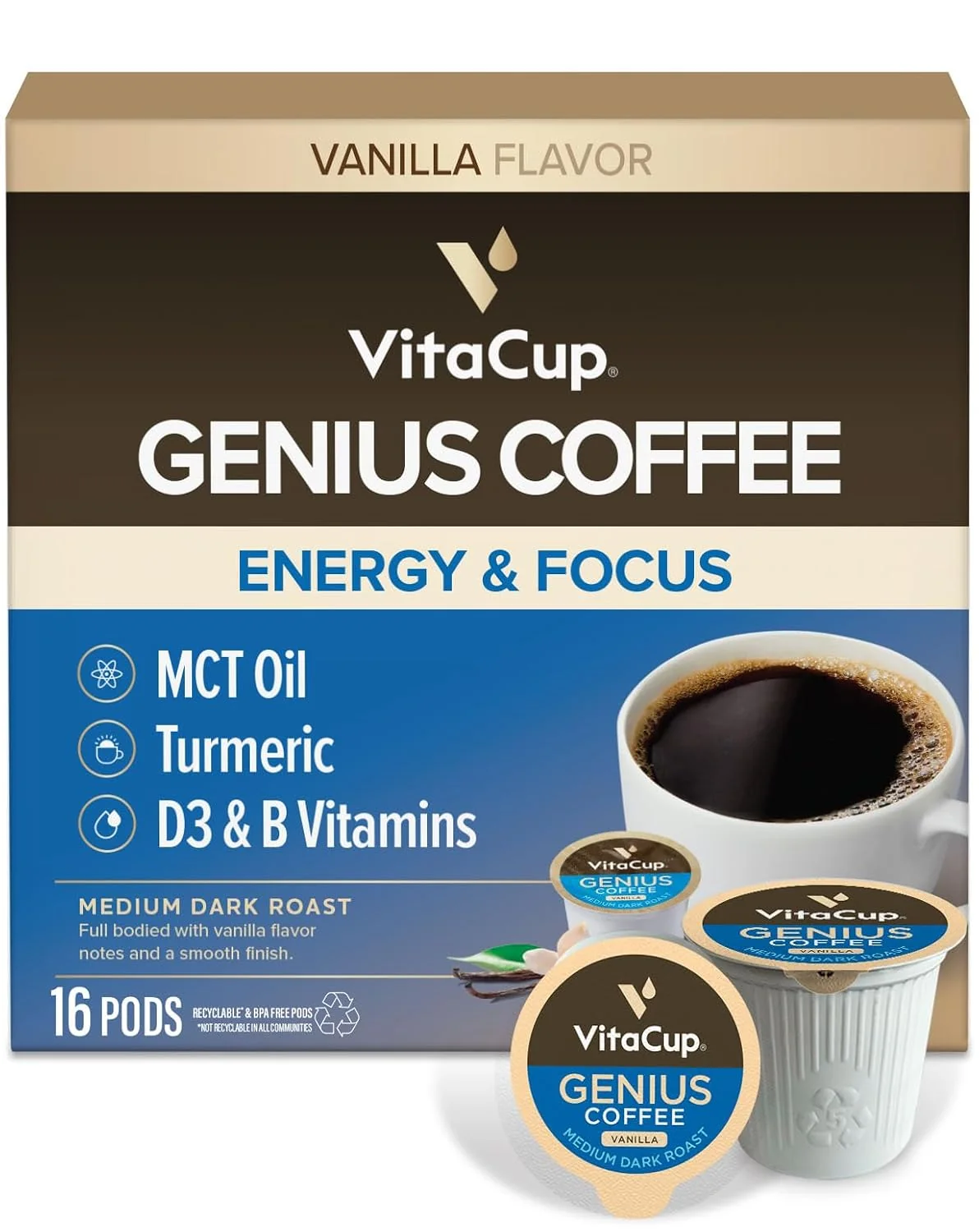 Versatile VitaCup Genius Vanilla Keto Medium Roast Coffee Pods 16ct B Vitamins D3 MCT Oil Turmeric Official